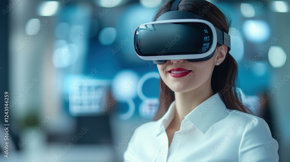 Personalization marketing and profile, A woman in a white shirt smiles while wearing a virtual reality headset, immersed in a tech environment. Personalization marketing and profile, A woman in a white shirt smiles while wearing a virtual reality headset, immersed in a tech environment.