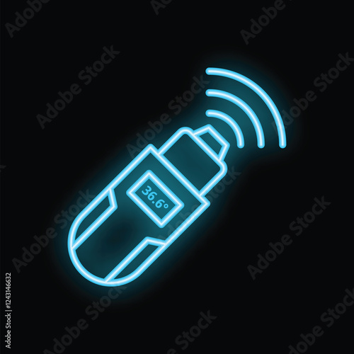 Blue neon icon of a digital wireless thermometer transmitting body temperature data