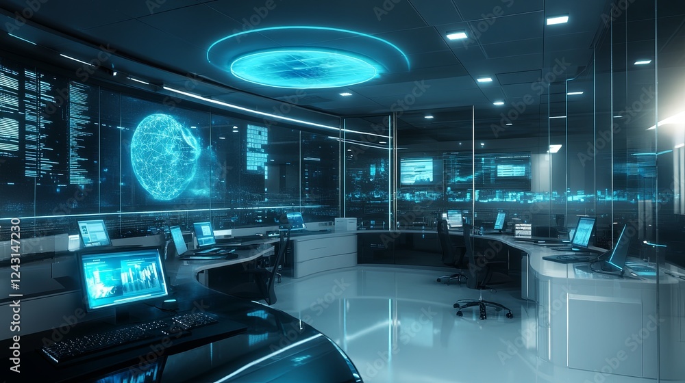 High-tech office with smart lighting, glass dividers, and modular workstations. High-tech office with smart lighting, glass dividers, and modular workstations.