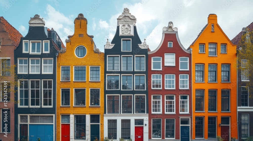 Fototapeta premium Minimalist row brick houses with large windows in urban architecture