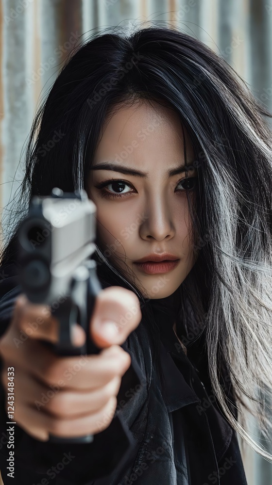 A fierce woman pointing a handgun directly at the camera, showcasing confidence and intensity in a dramatic portrait. A fierce woman pointing a handgun directly at the camera, showcasing confidence and intensity in a dramatic portrait.