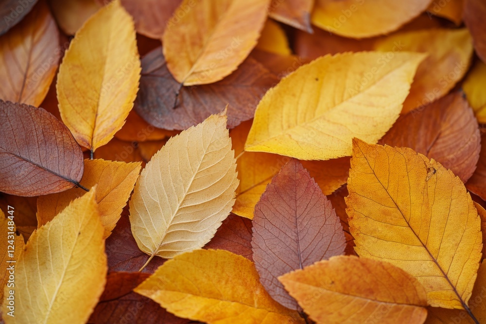 Fototapeta premium Golden autumn scenery with scattered leaves on ground