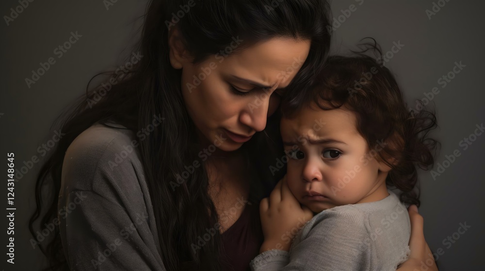 A poignant moment between a mother and her child, displaying deep emotions of concern and comfort in a softly lit setting. A poignant moment between a mother and her child, displaying deep emotions of concern and comfort in a softly lit setting.