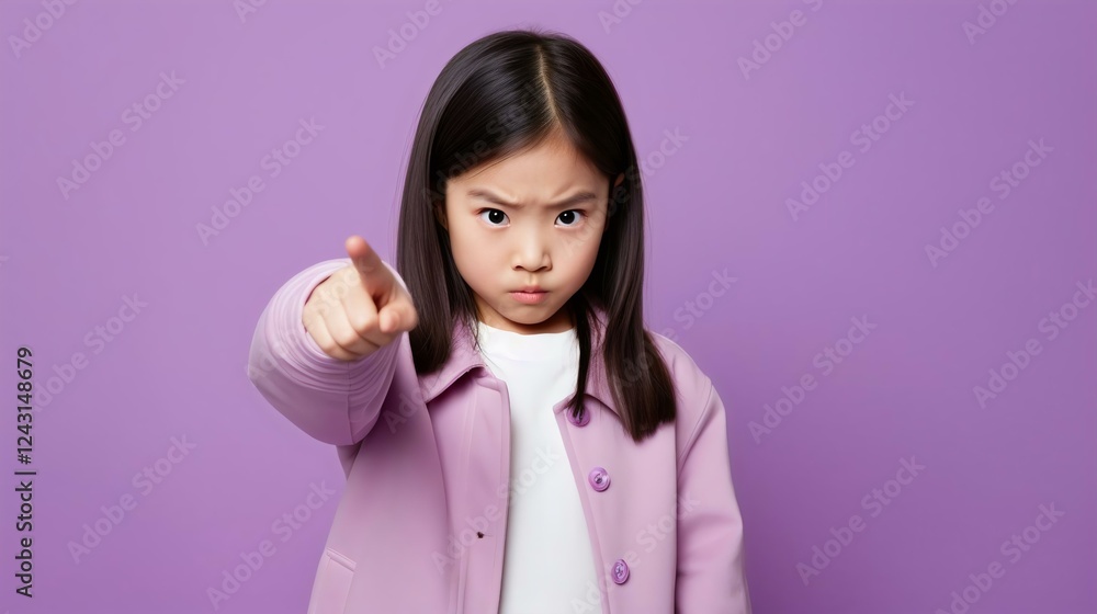 A young girl pointing assertively against a purple background, showcasing emotions like anger or determination. Ideal for themes of childhood and expression. A young girl pointing assertively against a purple background, showcasing emotions like anger or determination. Ideal for themes of childhood and expression.
