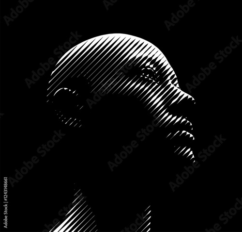 Vector stylized face with diagonal light and shadow effect. Portrait with high contrast black and white line art. Artistic woodcut style modern graphic design.