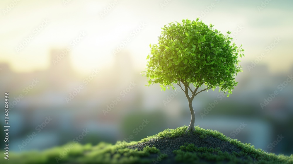 A solitary green tree stands atop a small hill, basking in golden sunlight amidst a blurred cityscape background. A solitary green tree stands atop a small hill, basking in golden sunlight amidst a blurred cityscape background.
