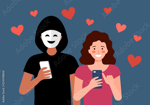 Romance scam, online dating scam, cyber crime concept, woman in love with scammer, hacker chatting online vector illustration