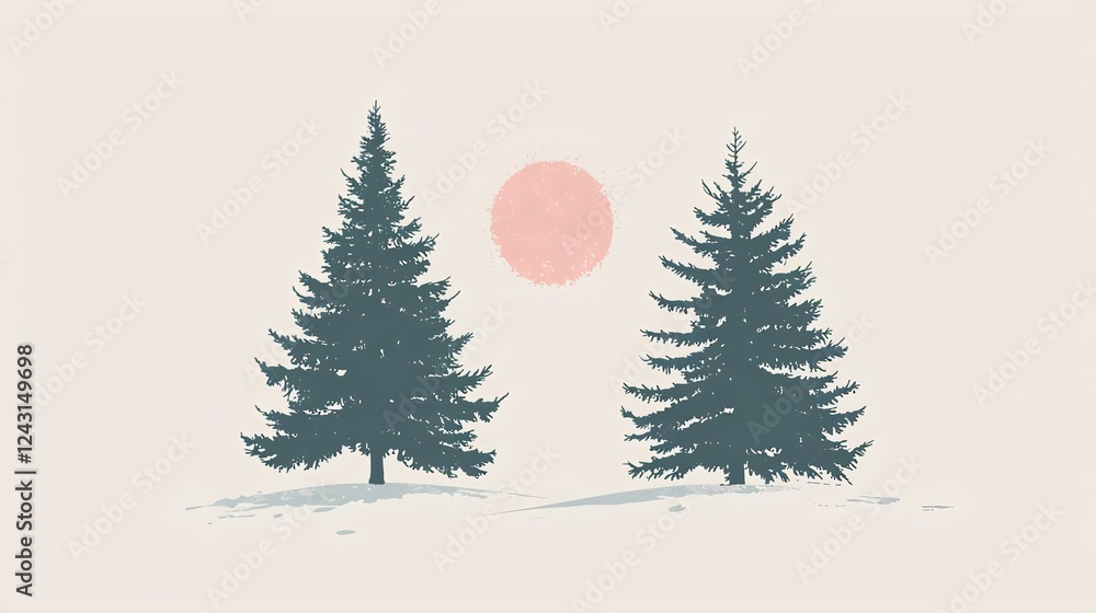Fototapeta premium A serene illustration of two evergreen trees under a soft pink sun, perfect for nature-themed projects and backgrounds.