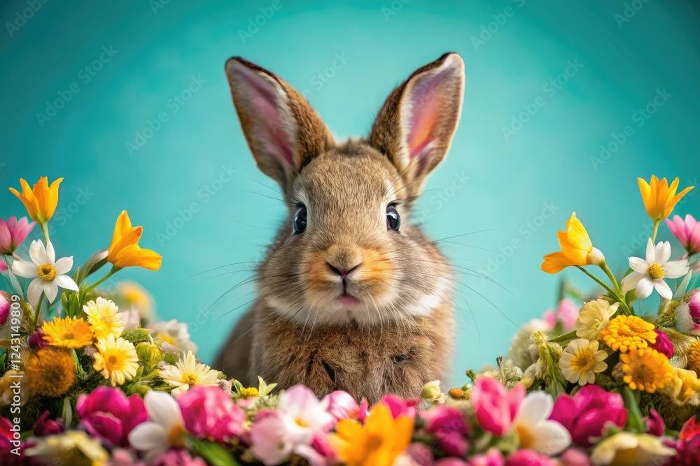 High-resolution macro image: Easter bunny nestled in teal floral spring design. High-resolution macro image: Easter bunny nestled in teal floral spring design.