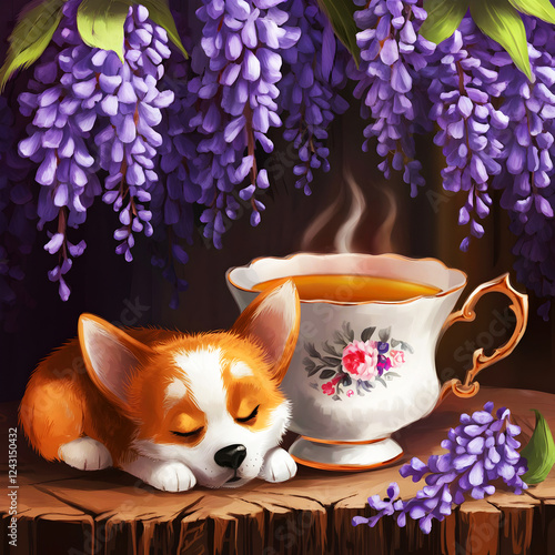 little corgi puppy dog sleeping curling next to a cup of tea in a vintage mug under blooming purple wisterias digitalart photo