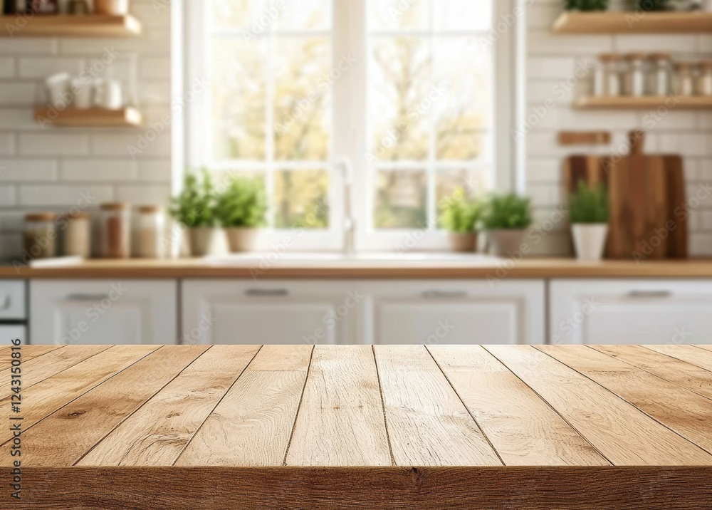 Empty wooden table top on blurred kitchen background for product display Empty wooden table top on blurred kitchen background for product display