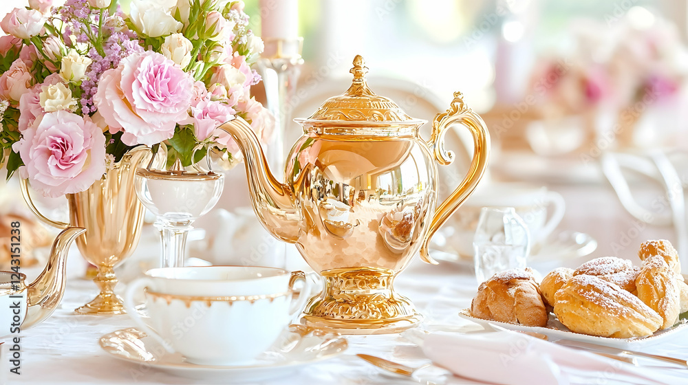 Fototapeta premium Elegant gold teapot, pastries, floral centerpiece, luxury hotel breakfast