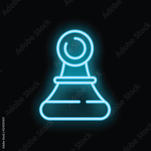Bright blue neon chess pawn glowing on a black background
