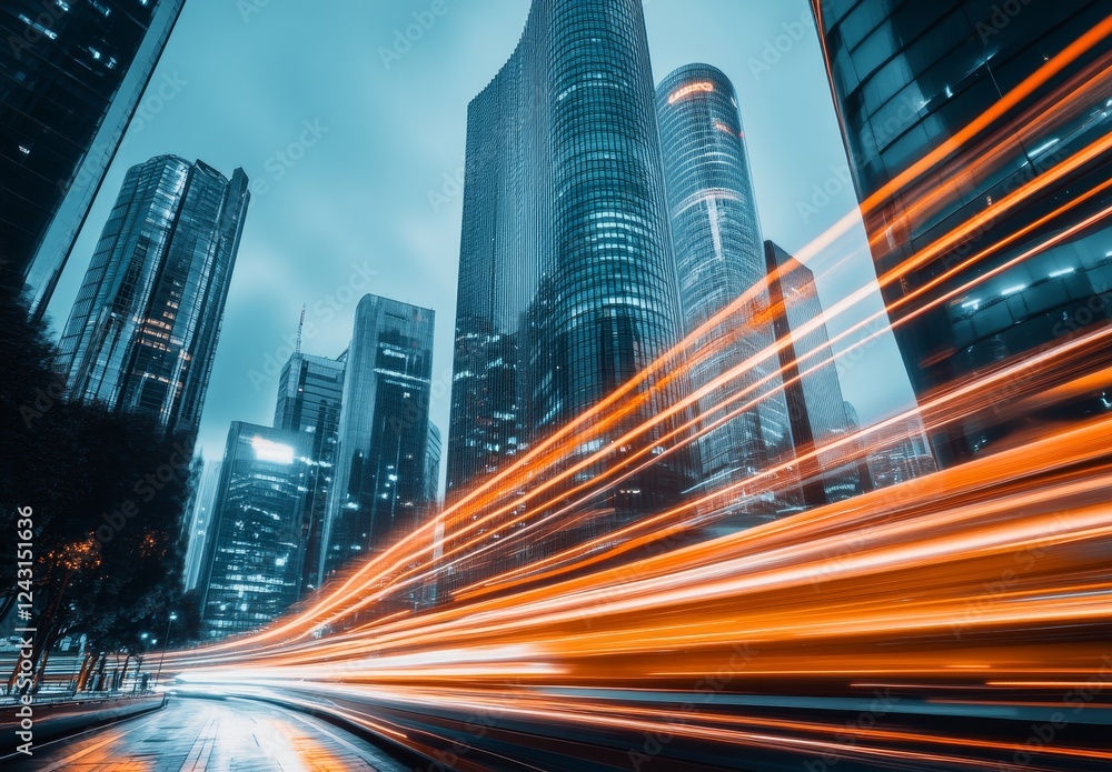 Cityscape, night traffic streaks, skyscrapers, urban speed, business Cityscape, night traffic streaks, skyscrapers, urban speed, business