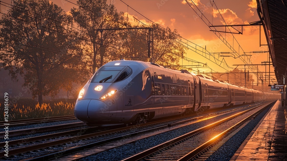 Naklejka premium High-Speed Train at Sunset: A Journey Through Scenic Landscapes