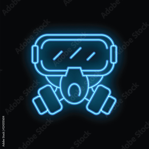 Blue neon sign showing a gas mask with filters and vr glasses glowing on a black background