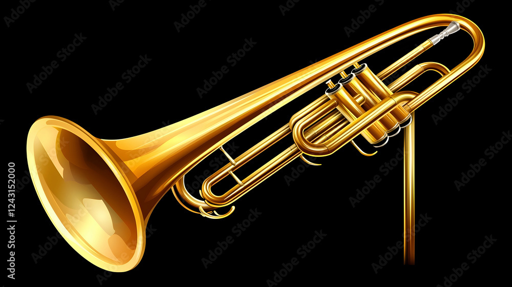 Obraz premium Golden trumpet, studio shot, isolated black background, musical instrument, website design