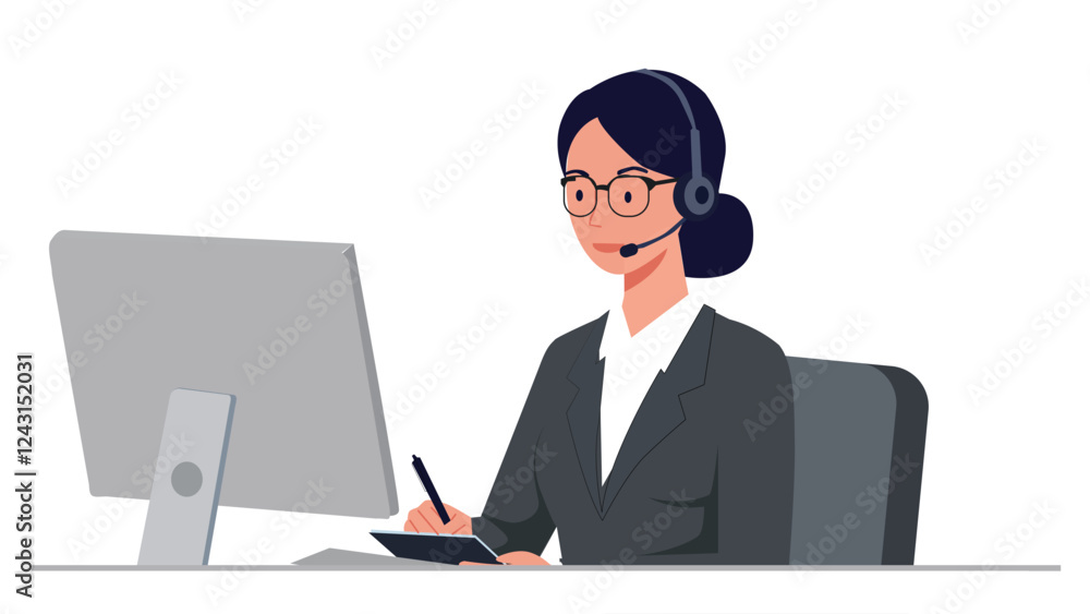 Customer Support Representative with Headset and Laptop