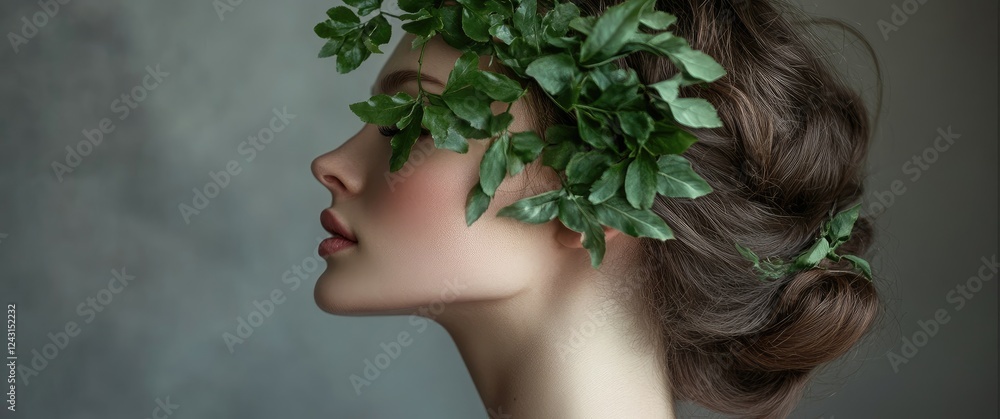 A beautiful woman with flawless skin holding green leaves to her face A beautiful woman with flawless skin holding green leaves to her face