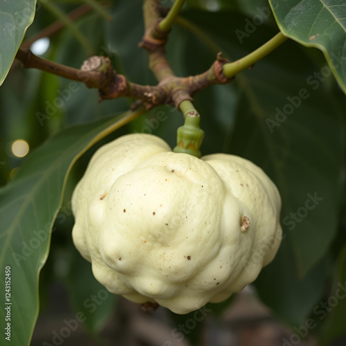 Custard apple tropical exotic fruit. Sugar Apple, Annona, sweetsop. growing on a branch tree photo