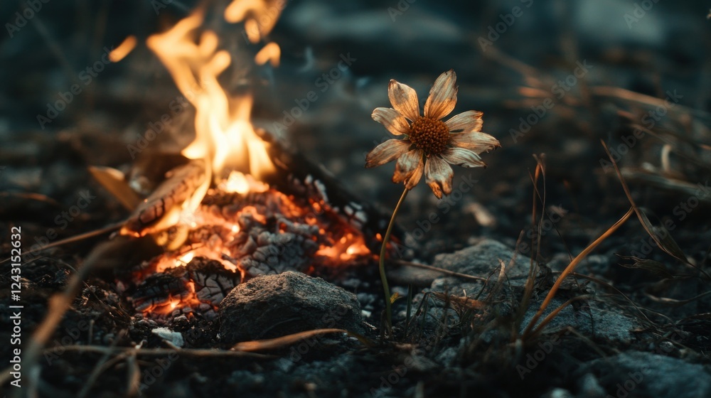 A solitary flower stands resilient beside a small fire, symbolizing hope amidst destruction. A solitary flower stands resilient beside a small fire, symbolizing hope amidst destruction.
