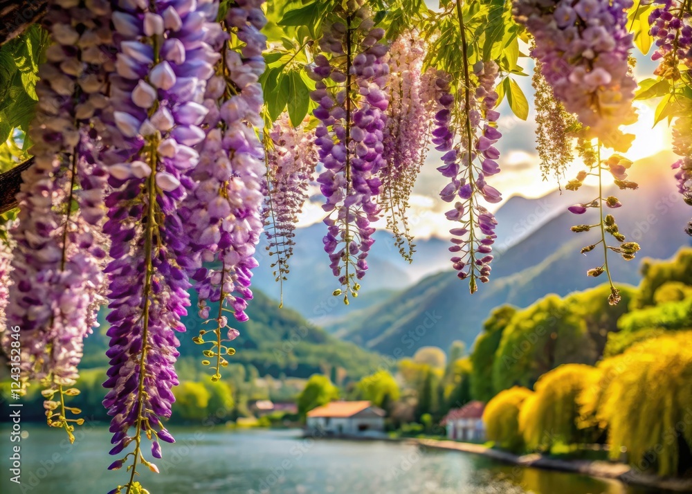 Obraz premium Lake Como's Bellagio blooms: springtime wisteria, soft bokeh photography captures its ethereal beauty.