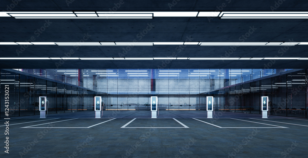 Empty smart parking garage with charging stations for electric vehicles Empty smart parking garage with charging stations for electric vehicles