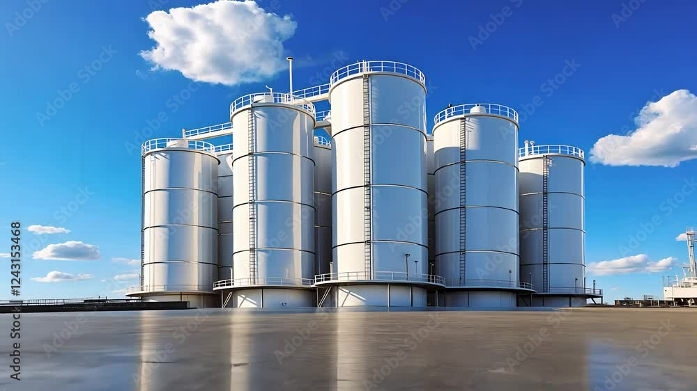Large industrial storage tanks for oil, gas, or chemical processing at a refinery under a clear blue sky
Large industrial storage tanks for oil, gas, or chemical processing at a refinery under a clear blue sky