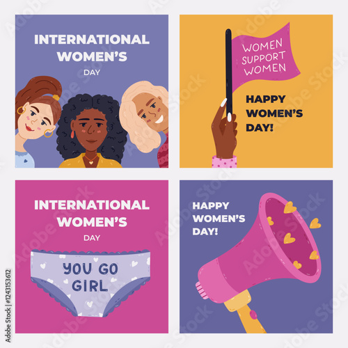 Lovely set with square banners for International Women s Day with young girls in circle, pretty lingerie, arm holding feminist placard, megaphone. Simple holiday poster for the eighth of March.