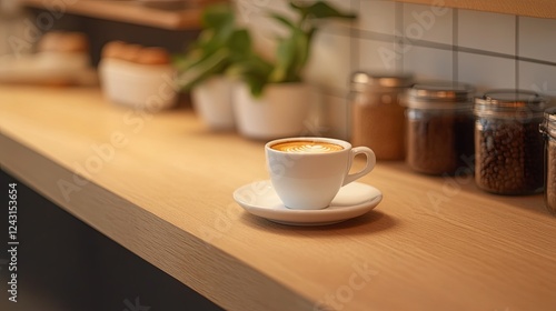 Wallpaper Mural Minimalist coffee stand with a single espresso cup on a wooden counter. Torontodigital.ca