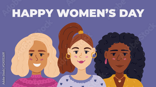 Horizontal minimalistic banner for International Women s Day with three smiling ladies of diverse nationality, hairstyle. Simple feminist holiday concept illustration for poster, site, social media.