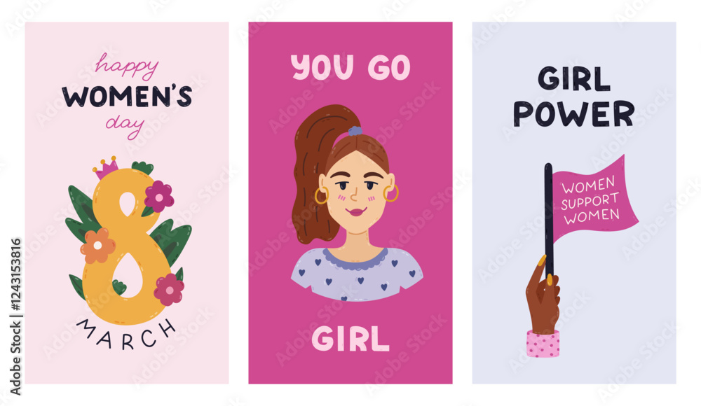 Obraz premium Trendy vertical stories set for International Women s Day with feminism movement clipart. Holiday banner for social media with arm with placard, woman avatar, number eight in flowers. You Go Girl.