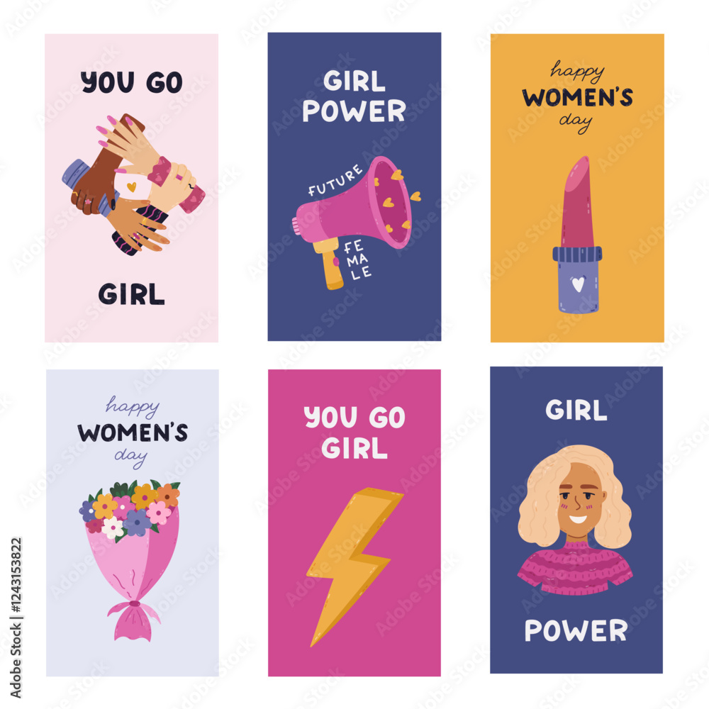 Obraz premium Trendy vertical stories set for International Women s Day with sisterhood clipart. Holiday minimalistic banner for social media with lightning bolt, sign of solidarity and woman support, lipstick.