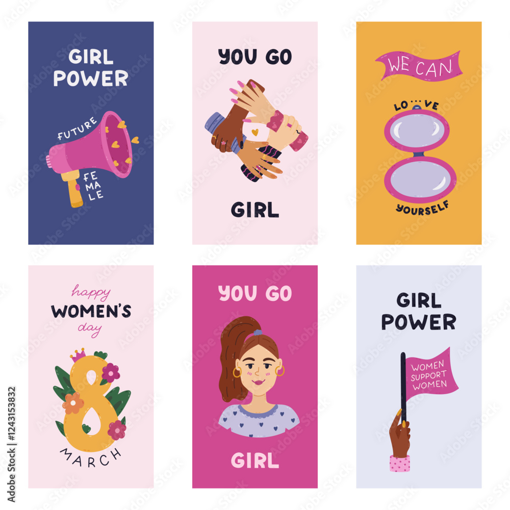 Obraz premium Trendy colourful vertical stories set for International Women s Day with girl power, woman rights clipart, motivational lettering. Holiday banner for social media with lady, mirror, megaphone, eight.