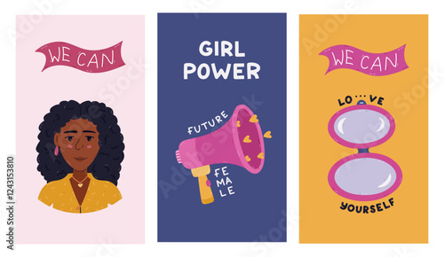 Lovely bright vertical stories set for International Women s Day with feminist inspirational doodle. Holiday greeting banner for social media with female portrait, megaphone, makeup mirror.