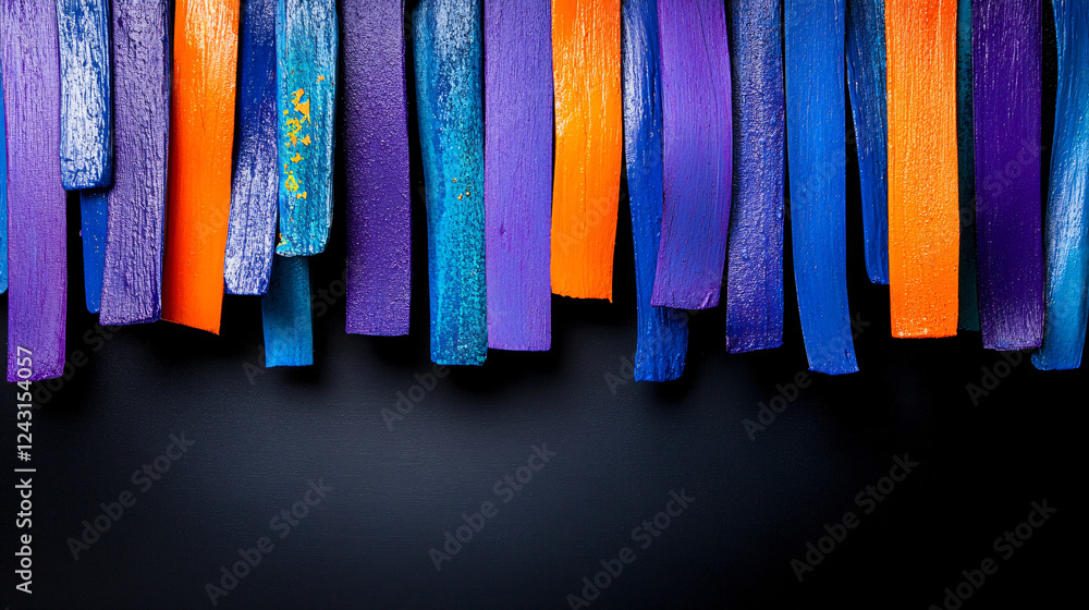 Artful arrangement of colorful wooden strips in vibrant hues of purple, blue, and orange against dark background creates striking visual contrast Artful arrangement of colorful wooden strips in vibrant hues of purple, blue, and orange against dark background creates striking visual contrast