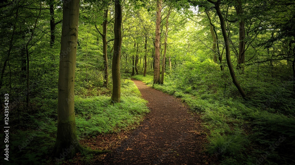 Fototapeta premium A Tranquil Pathway Through a Lush Green Forest Filled with Life and Nature