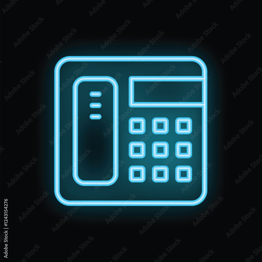 Blue neon icon of a telephone glowing on a dark background Blue neon icon of a telephone glowing on a dark background