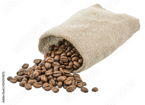 Gorgeous coffee beans spilling out of a burlap sack, isolated on a white background. Detailed, photographic stock image, photorealistic photography, high resolution, high-quality textures, 