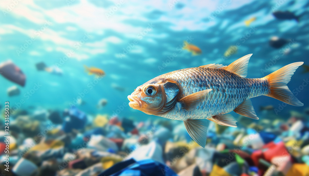 Naklejka premium Scientists using augmented reality to explain ocean pollution, A fish swims through polluted waters filled with plastic debris, highlighting the impact of human waste on marine life.