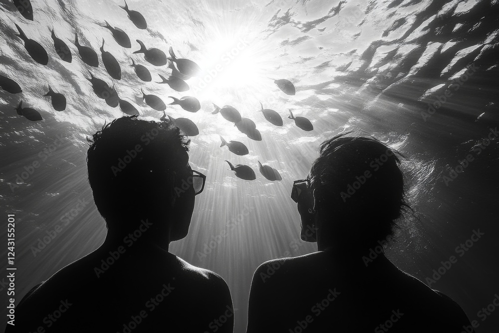 Silhouetted fish in an underwater current with natural light