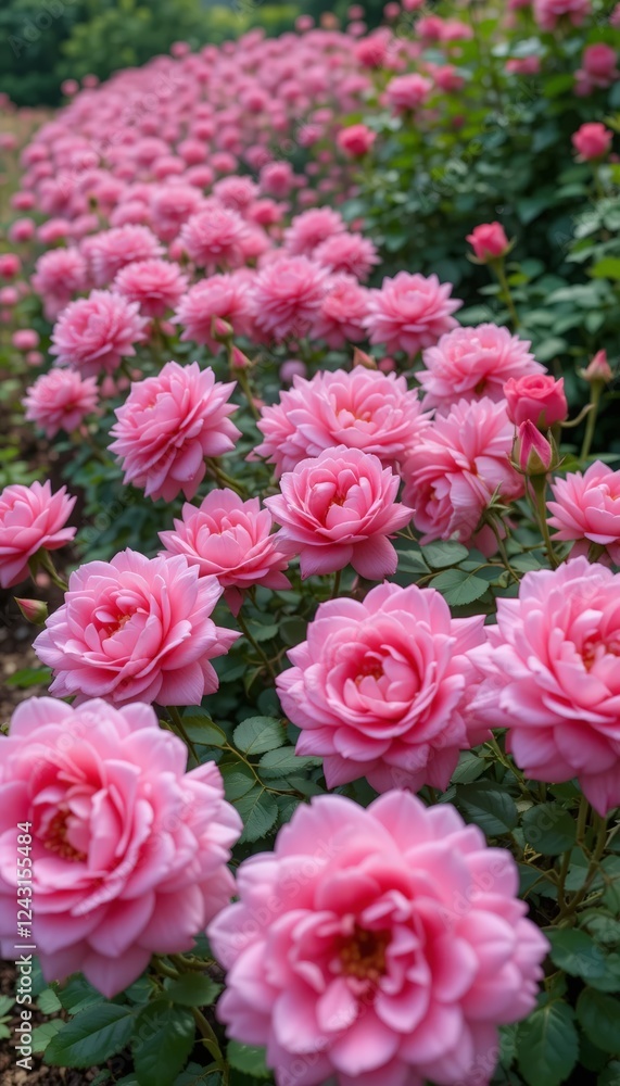 Fototapeta premium A vibrant display of blooming pink roses in a garden, showcasing their beauty and vitality, perfect for floral themes, nature projects, or romantic settings.