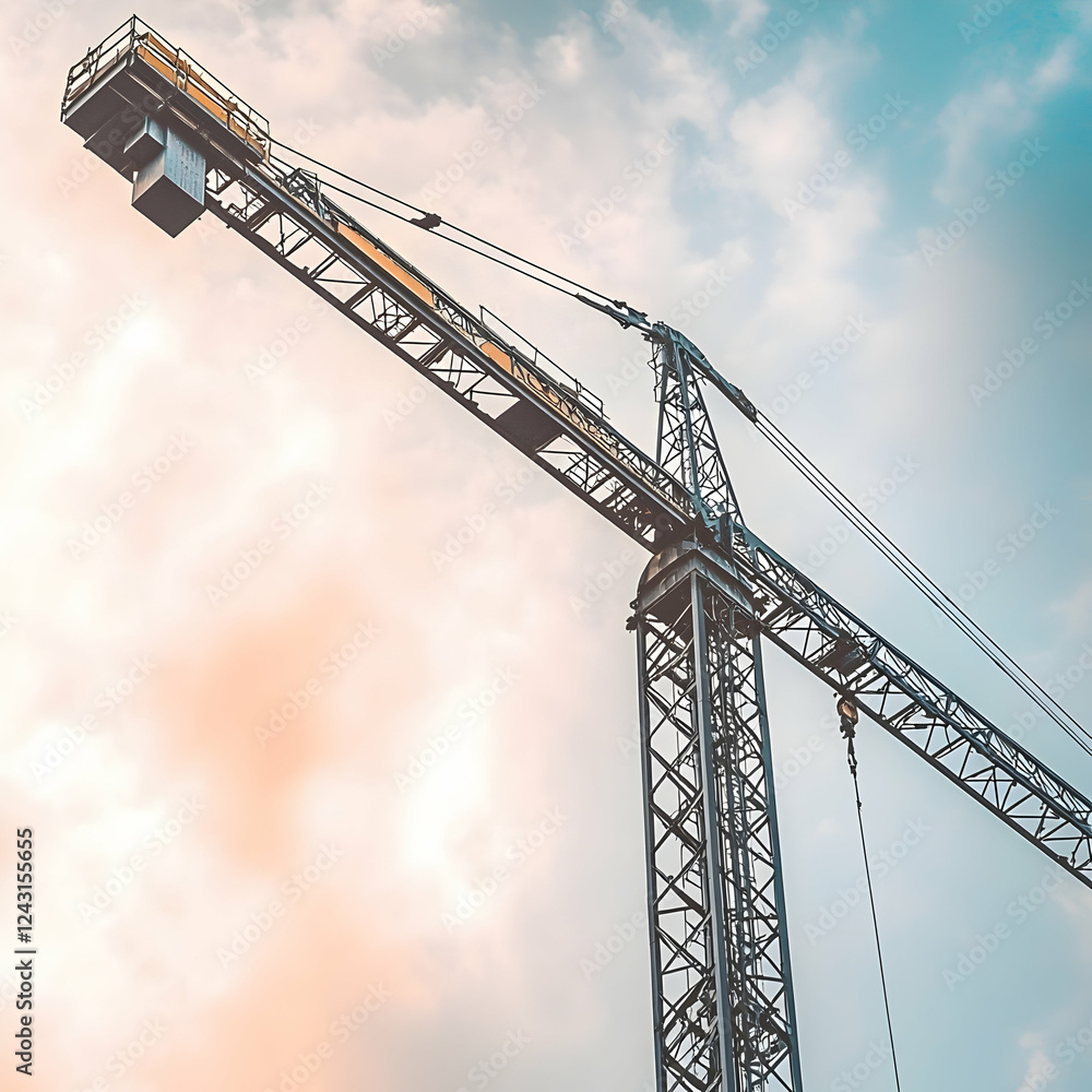 Tower crane construction site, city skyline background, industrial development, architecture imagery Tower crane construction site, city skyline background, industrial development, architecture imagery