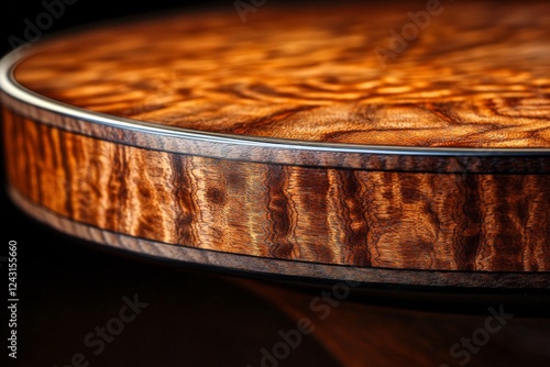 Closeup of a polished acoustic guitar with wooden details photo