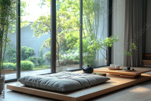 Sunlit room with a minimalist cushion and greenery photo