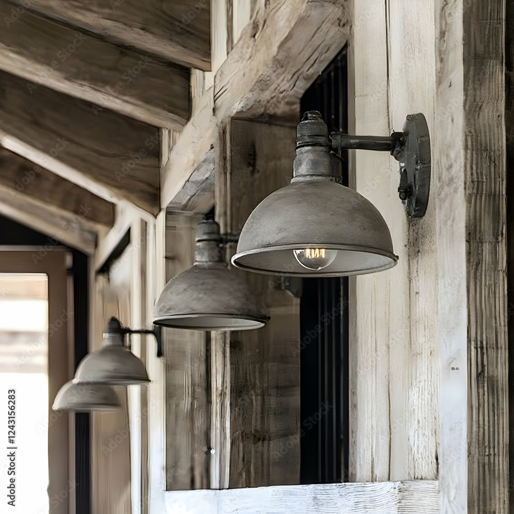 Obraz premium Rustic barn interior, three gray metal wall lamps illuminate hallway, exposed beams background, home decor inspiration
