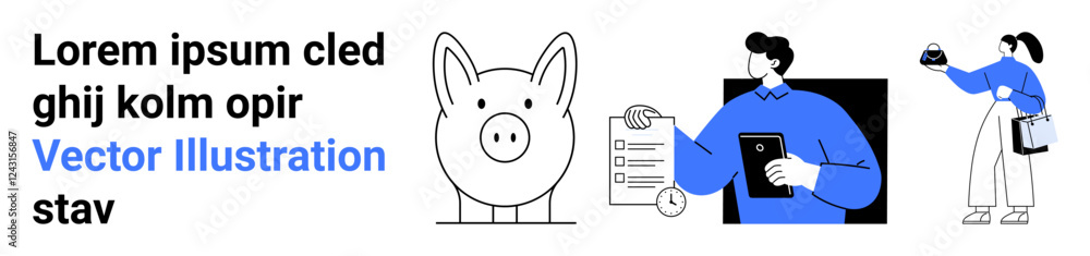 Piggy bank, person reviewing a checklist, and another holding coins and a tray. Ideal for finance, savings, budgeting, investments, education, economics and personal growth flat landing page banner Piggy bank, person reviewing a checklist, and another holding coins and a tray. Ideal for finance, savings, budgeting, investments, education, economics and personal growth flat landing page banner