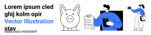 Piggy bank, person reviewing a checklist, and another holding coins and a tray. Ideal for finance, savings, budgeting, investments, education, economics and personal growth flat landing page banner