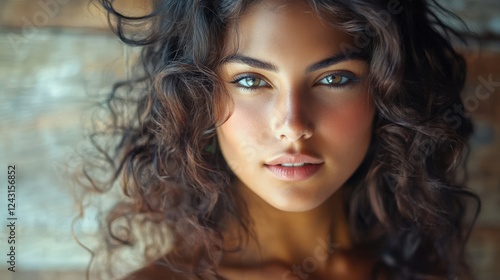 Beautiful woman with curly hair against a rustic background. Her captivating blue eyes sparkle with emotion and warmth.