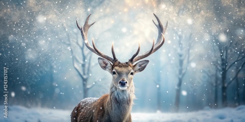 Majestic Stag in Winter Wonderland, Snow Falling Gently on a Noble Creature in a Frosty Forest